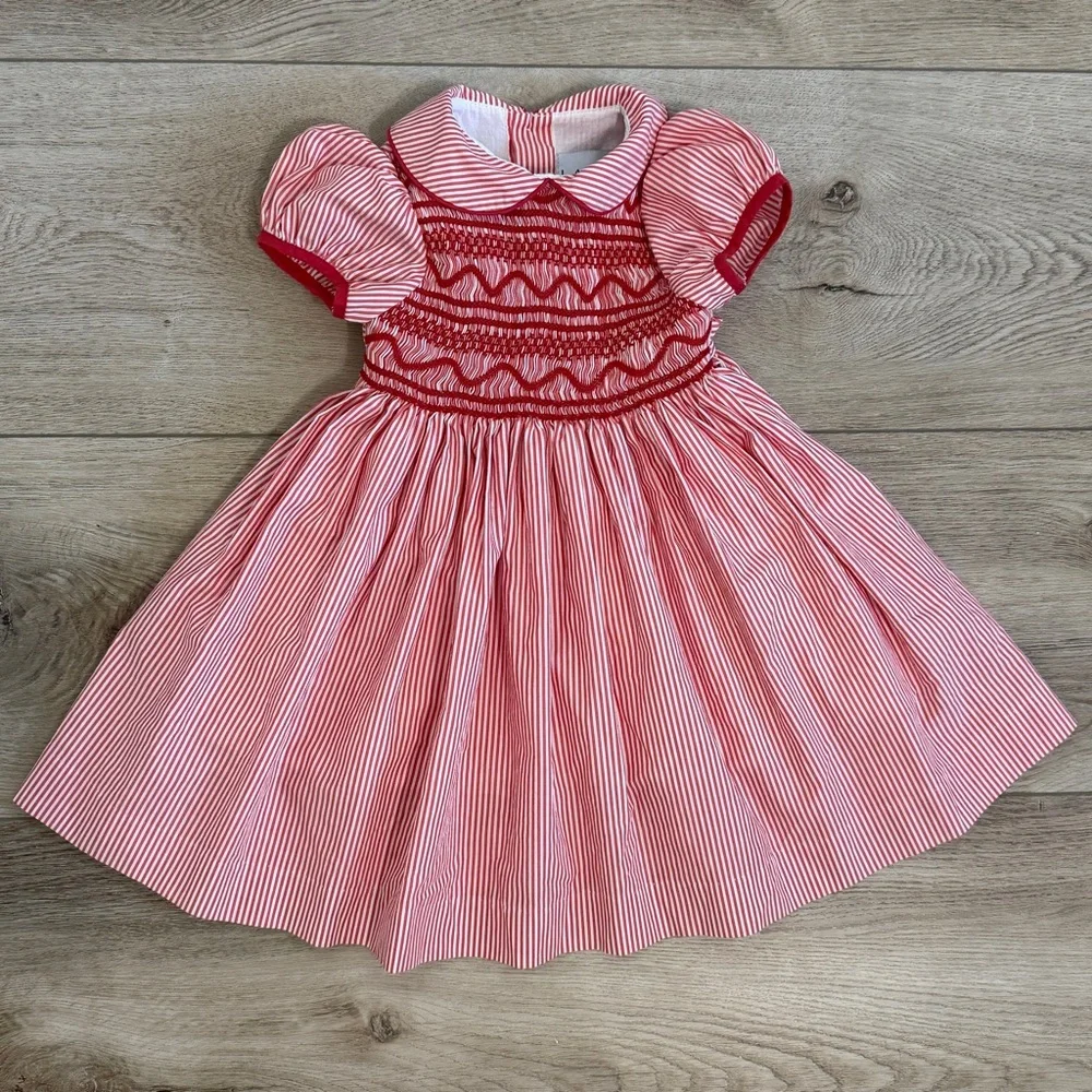 LALLIE LONDON 2T Girl Red Striped Smocked Puff Sleeve Dress Alexis Red